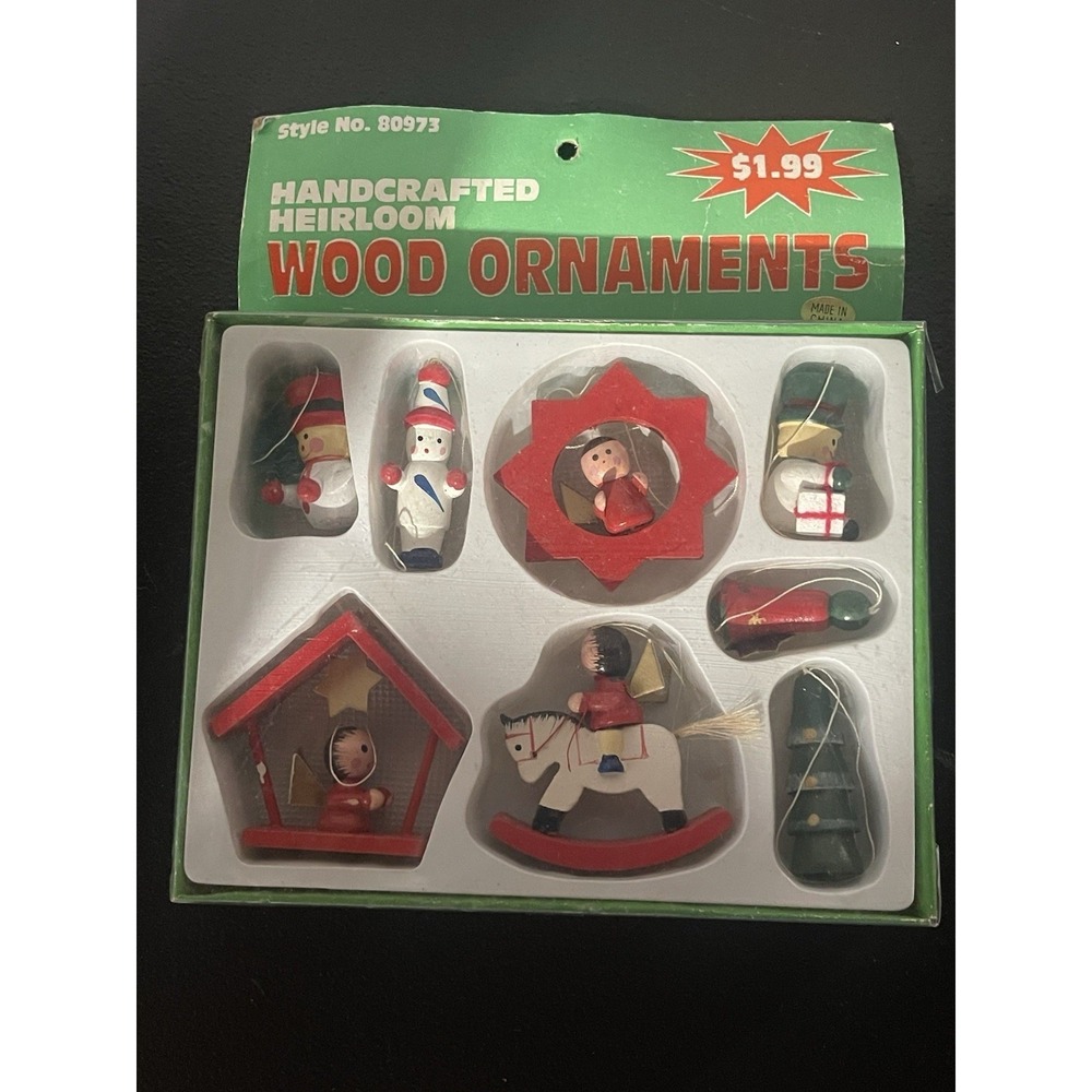 vintage New In Box Set Of 8 Miniature Christmas Ornaments Mini Tree Wood Retro